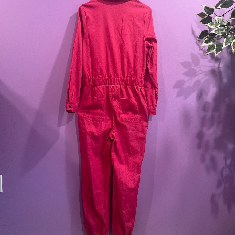 Women's Pink Utility Jumpsuit - Casual Long Sleeve Romper - Picture 4 of 6